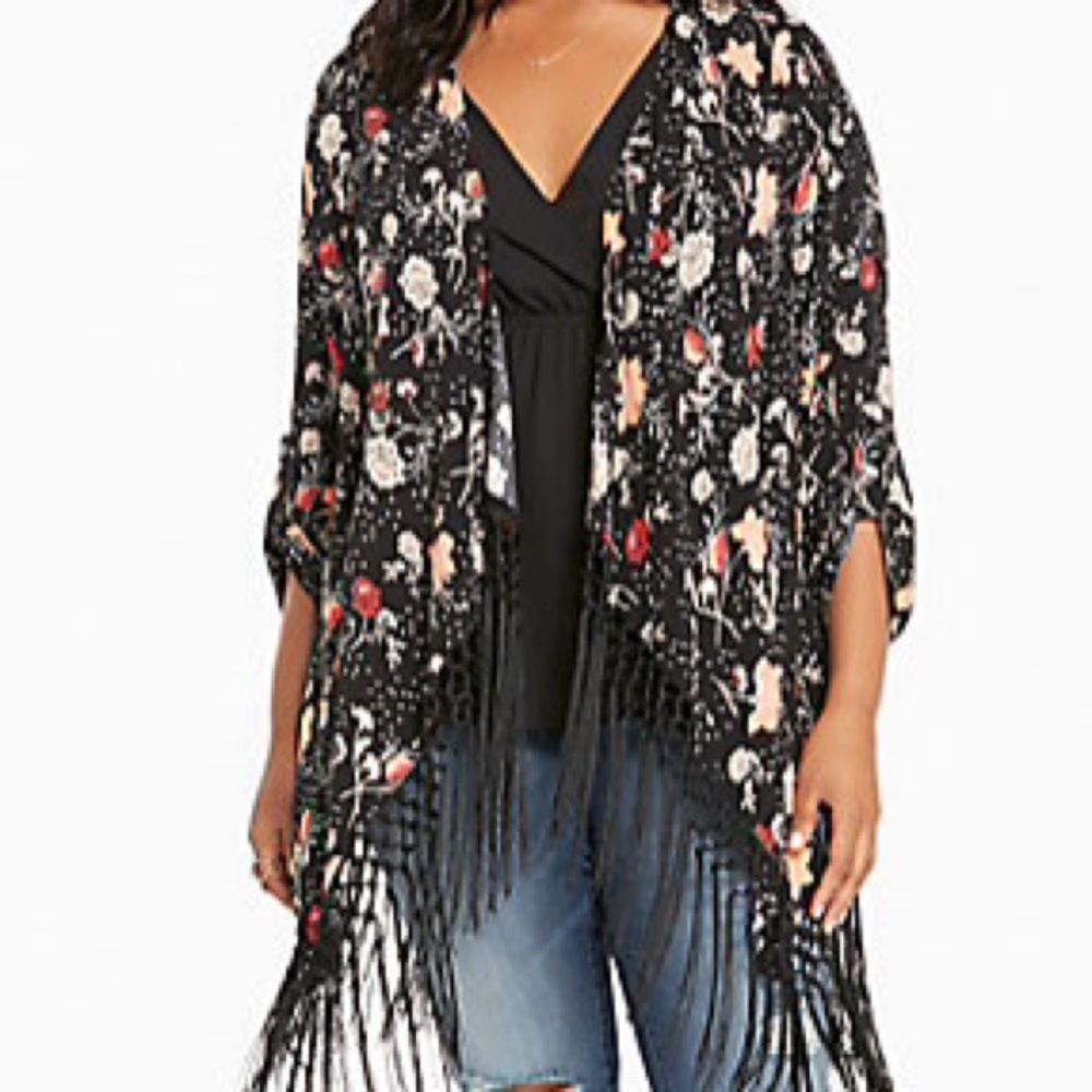 torrid Black Floral Fringe Kimono
